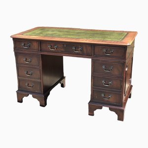 Mahogany Pedestal Desk with Green Leather Top