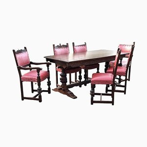 Oak Table & Leather Covered Chairs, Set of 7