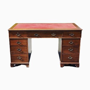 Pedestal Desk with Red Leather Top & Brass Handles