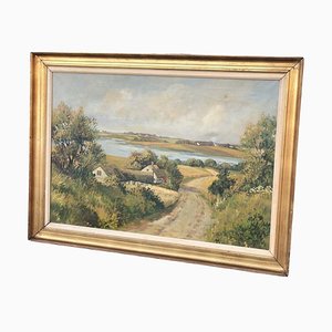 Artista danés, paisaje, grande óleo sobre lienzo, enmarcado
