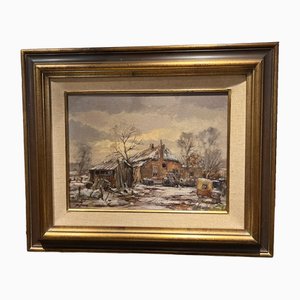 Maison en Hiver, Huile sur Toile, Encadrée