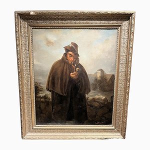 Van Beaver, hombre victoriano encendiendo una pipa, década de 1800, óleo sobre lienzo, enmarcado
