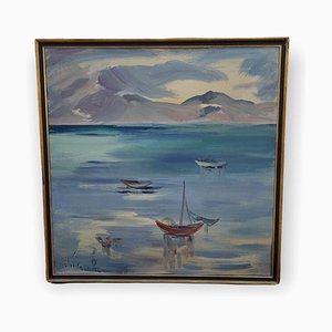 M Laufer, paisaje marino, pintura al óleo grande, enmarcado
