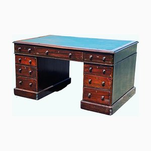 Viktorianischer Doppelseitiger Partners Schreibtisch aus Mahagoni mit grüner Tischplatte