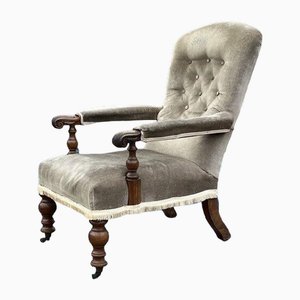 Victorian Library Armchair with Mahogany Frame on Brass Castors