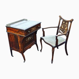 Bureau et Chaise Victorien en Palissandre de Davenport, Set de 2