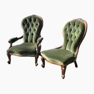 Victorian Chairs in Walnut with Deep Green Buttoned Back Upholstery, Set of 2