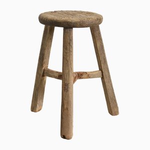 Rustic Round Elm Top A Stool, 1950s