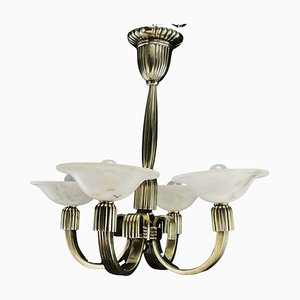 Lampadario Art Deco in bronzo in alabastro attribuito ad Atelier Petitot, anni '30