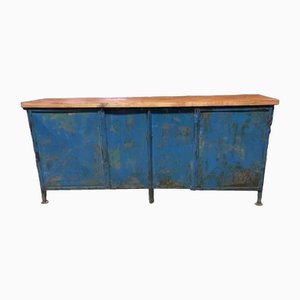 Industrielle Vintage Werkbank in Blau mit neuer Tischplatte