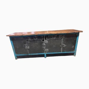 Industrielle Vintage Werkbank Blau mit Original Tischplatte