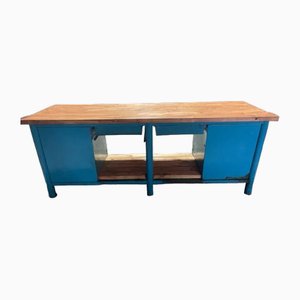 Vintage Industrial Workbench in Blue and Green with New Top