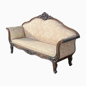 Italian Sofa in Carved Walnut with Damascato Fabric, 1880