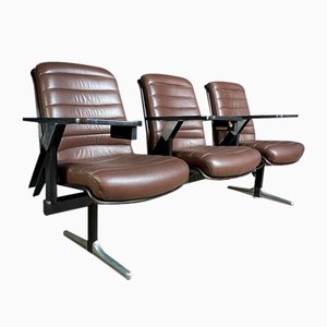Vintage Three Person Bank of Nato-Brown Leather Chairs