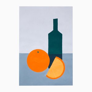 Gio Bellagio, Weinflasche mit Orange, 2023, Acryl auf Papier