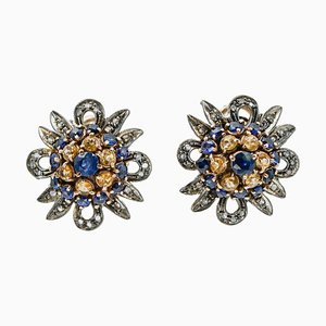 Yellow and Blue Sapphires, Diamonds, Rose Gold and Silver Earrings, 1960s, Set of 2