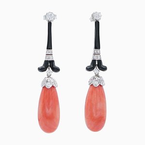 Coral, Onyx and Diamonds Dangle Earrings in 18 Karat White Gold, 1960s, Set of 2