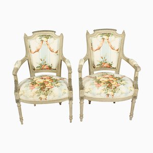 19th Century Revival Louis XVI French Painted Fauteuil Armchairs, Set of 2