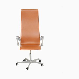 Tall Oxford Office Chair in Walnut Aniline Leather by Arne Jacobsen, 2000s