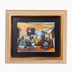 Market Square, 1950s, Oil on Paper, Framed