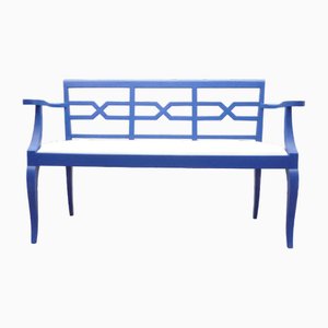 Antique Blue Bench with Leather, 1920s