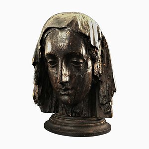 Medieval Head of Virgin in Carved and Patinated Wood, 1450