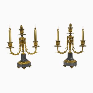 Mid 19th Century Bronze and Marble Candleholders, Set of 2