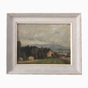 Marius Chambaz, Près des Tuileries avec vue sur lac et le Salève, Oleo sobre cartón, Enmarcado