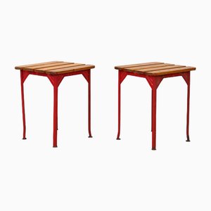 Rote Metall & Holz Hocker, 1960er, 2er Set