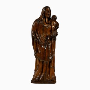 Olive Wood Virgin & Child Sculpture, Late 19th Century