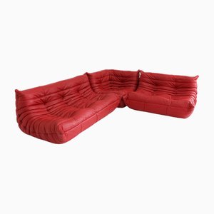 Red Leather Togo Sofa Set by Michel Ducaroy for Ligne Roset, 1990s, Set of 3