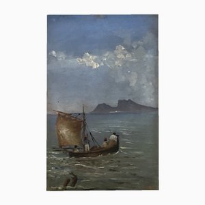 Eugenio Bonivento, Pêcheurs dans Le Golf de Naples devant L'île de Capri, Huile sur Carton, Encadrée