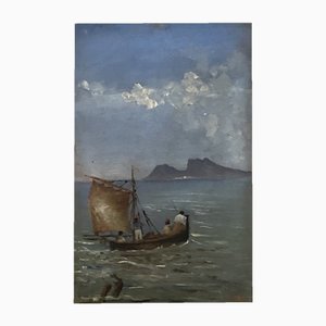 Eugenio Bonivento, Pêcheurs dans Le Golf de Naples devant L'île de Capri, Óleo sobre cartón, Enmarcado