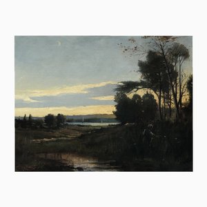 N. Junod, Voiliers sur le lac dans un paysage animé, 1898, Huile sur Toile