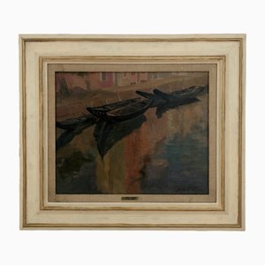 Giulio d'Angelo, Barques À Burano, Canale di Pizzo, 1948, Huile sur Toile, Encadrée