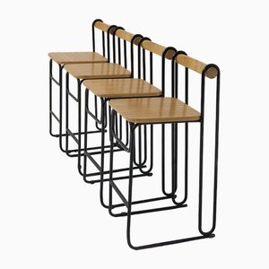 Italian Modern Geometric High Chairs in Iron and Wood, 1980, Set of 4