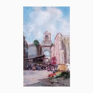 Oscar Ricciardi, Place de Naples Animée, Oil on Wood, Framed