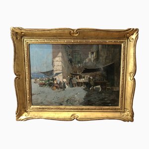 Oscar Ricciardi, Petit marché animé à Naples et vue sur le Vésuve, Öl auf Leinwand, Gerahmt