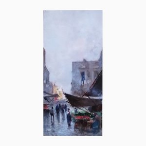 Oscar Ricciardi, Place du marché animée, Oil on Canvas, Framed