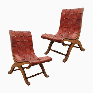 Vintage Leather and Mahogany Chairs by Pierre Lottier for Valenti Spain, Set of 2