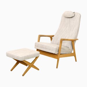 Vintage Reclining Lounge Chair & Footrest by Alf Svensson for Dux, 1950s, Set of 2