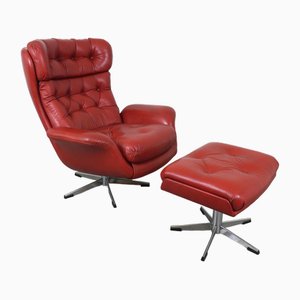 Red Leather Lounge Chair with Ottoman, Denmark, 1960s, Set of 2