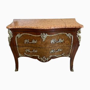 Antique French Victorian Burr Walnut Ormolu Mounted Chest of Drawers with Marble Top, 1880s