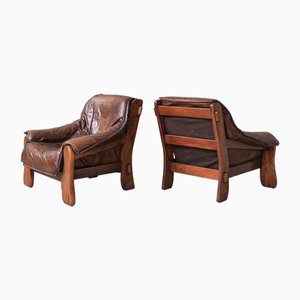 Mid-Century Brutalist Oak and Leather Armchairs, Set of 2