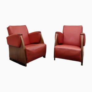 Rote Art Deco Leder Clubsessel, 2er Set