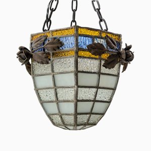 French Art Deco Ceiling Lamp in Lead and Textured Glass, 1930s