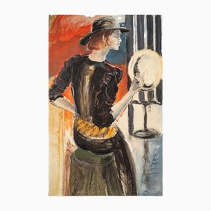 Dama con sombrero, siglo XX, pintura sobre lienzo
