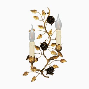Italian Gilt Metal Two-Light Wall Sconce with Roses and Leaf, 1970s