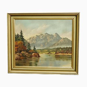J. Sedelmeier, Amanecer sobre el lago Missurina en los Dolomitas, años 50, óleo sobre lienzo, enmarcado