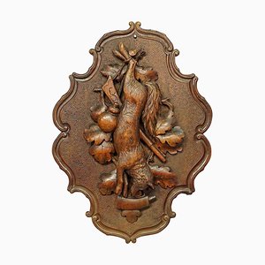 Antique Wooden Carved Black Forest Game Plaque with Fox, 1890s